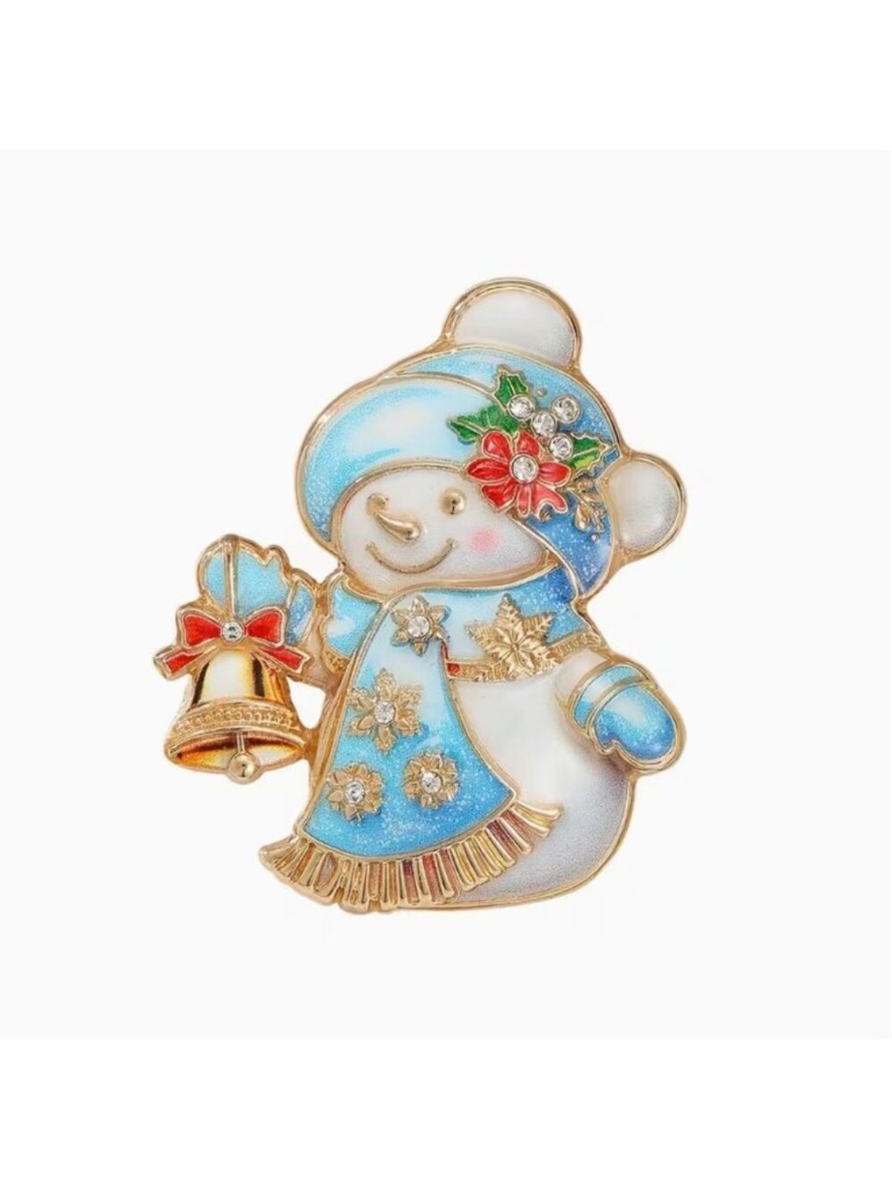 Blue Enamel Snowman Brooch With Bell & Rhinestones